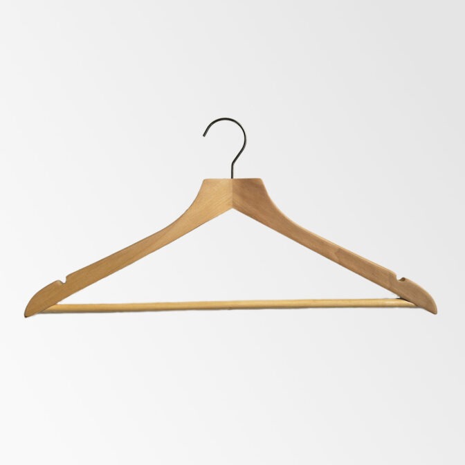 The 445mm Natural Timber Contoured Wishbone Hanger features a metal hook, notches for straps, a pants/scarf bar, and natural finish, combining functionality and elegance on a plain white background.