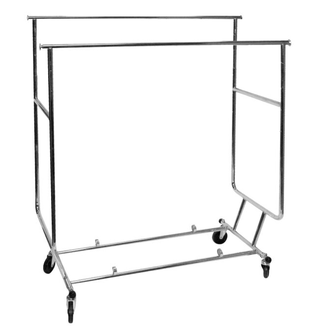 A silver metal two-tiered garment rack on four wheels, designed for hanging clothing. The rack has a simple, minimalist design with two horizontal bars at different heights and is positioned on a plain white background.
