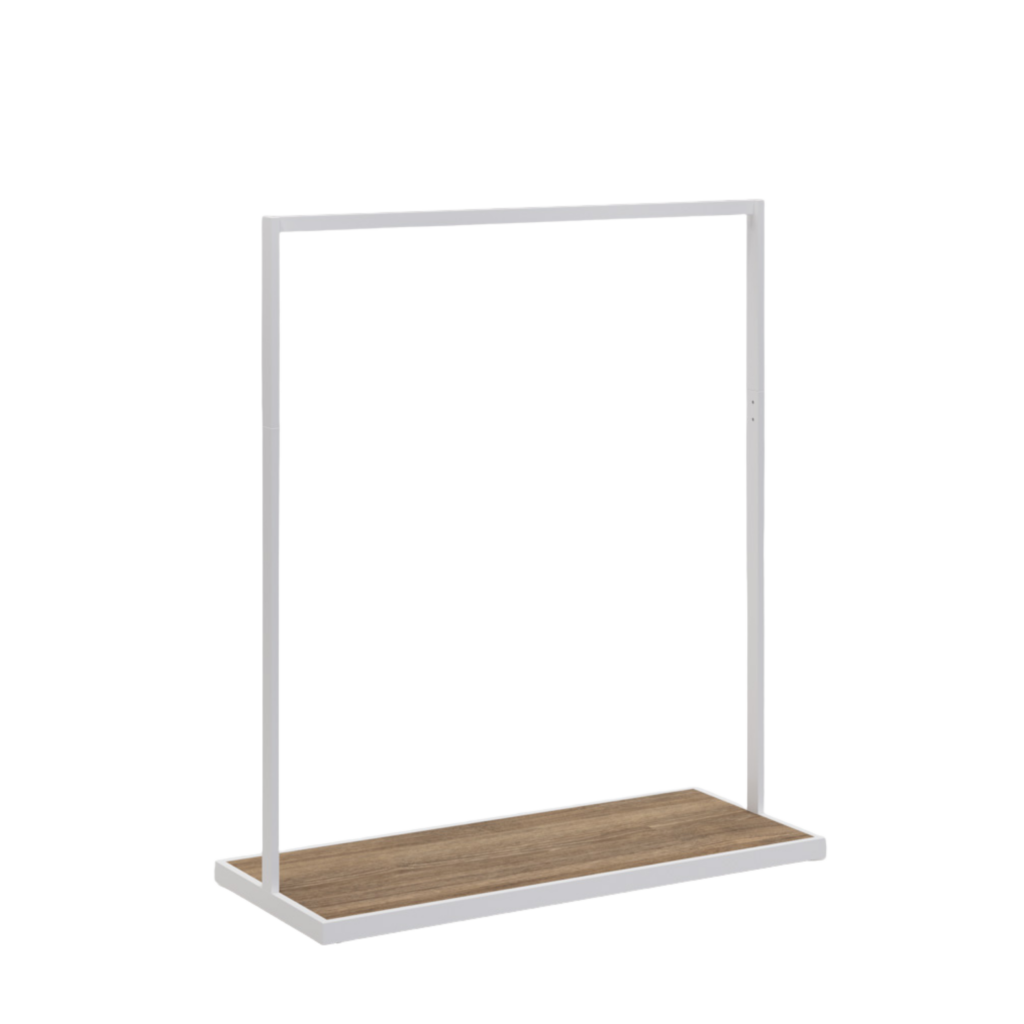 White Clothes Rack with Reclaimed Wood Inset Base