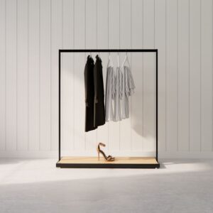Black Linear Clothing Rack with Native Oak Inset Base