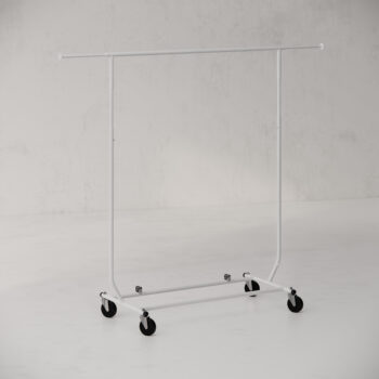 Retail Clothing Rack – Traveller – Single Rail – Collapsible – Portable with Wheels – White