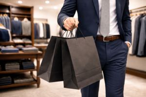 black paper carry bag in retail menswear store