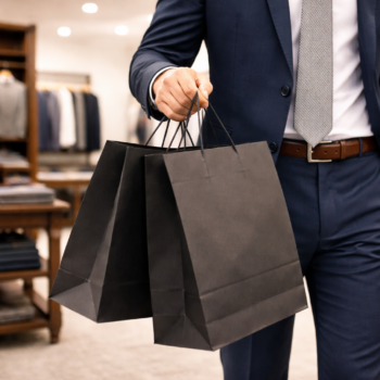 black paper carry bag in retail menswear store