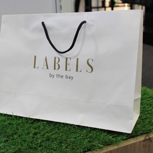 Gold printed white kraft paper carry bag with rope handles
